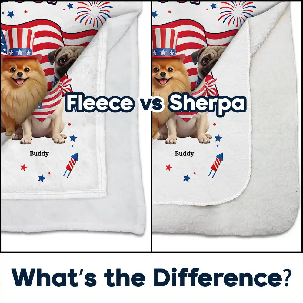 America 250th,Custom Photo,Independence Day,Art Design,Pet Lovers,Playful,Photo - US Theme Accessories 3D Cartoon - Custom Photo 3D Cartoon With US Accessories Red White Woof - Personalized Fleece Blanket, Sherpa Blanket