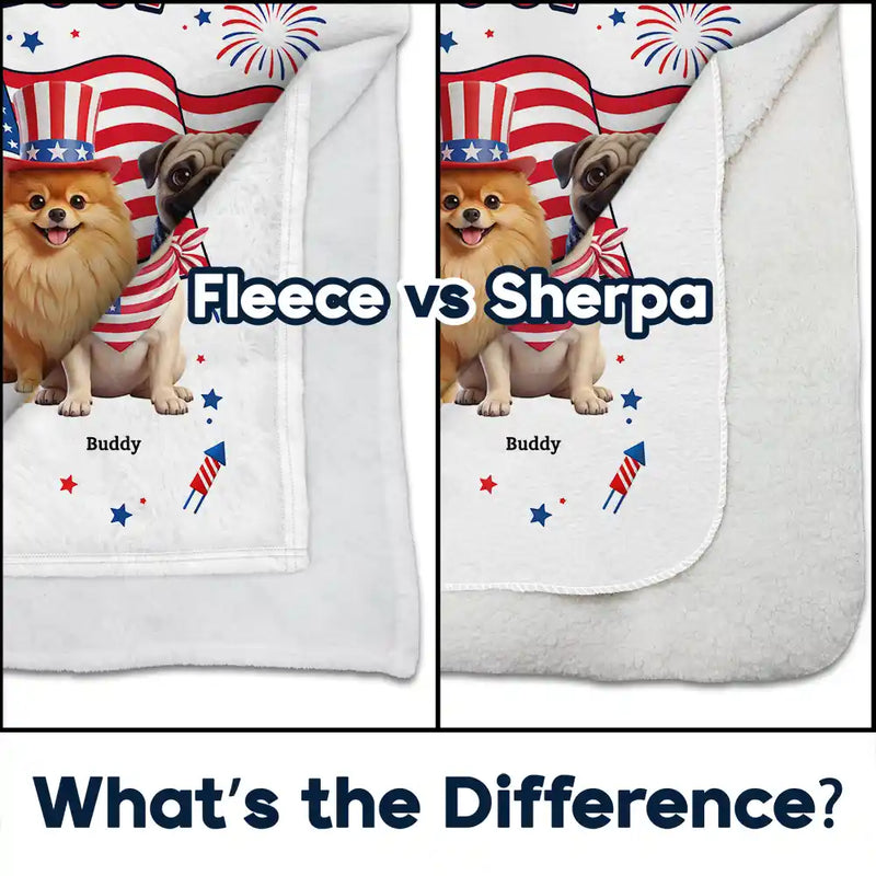 America 250th,Custom Photo,Independence Day,Art Design,Pet Lovers,Playful,Photo - US Theme Accessories 3D Cartoon - Custom Photo 3D Cartoon With US Accessories Red White Woof - Personalized Fleece Blanket, Sherpa Blanket