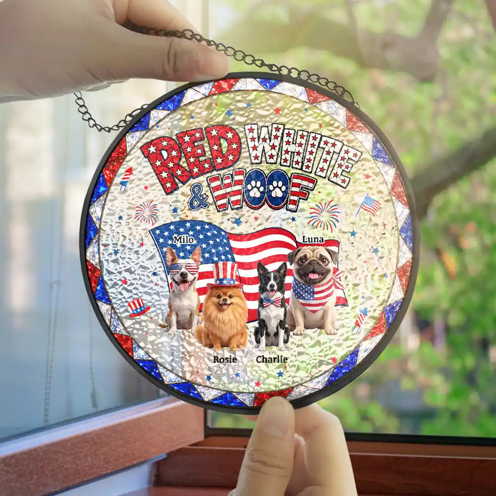 America 250th, Custom Photo, Independence Day, Art Design, Pet Lovers, Playful, Photo - US Theme Accessories 3D Cartoon - Custom Photo 3D Cartoon With US Accessories Red White Woof - Personalized Stained Glass Window Hanging Suncatcher