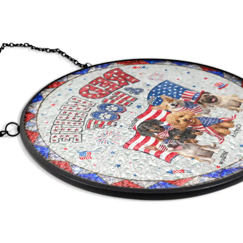 America 250th, Custom Photo, Independence Day, Art Design, Pet Lovers, Playful, Photo - US Theme Accessories 3D Cartoon - Custom Photo 3D Cartoon With US Accessories Red White Woof - Personalized Stained Glass Window Hanging Suncatcher