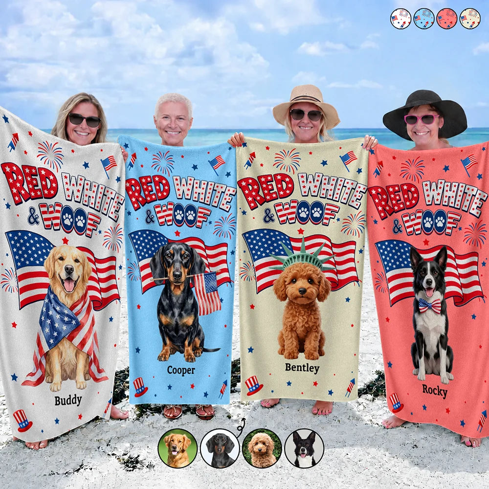 America 250th, Custom Photo, Independence Day, Art Design, Pet Lovers, Playful, Photo - US Theme Accessories 3D Cartoon - Custom Photo 3D Cartoon With US Accessories Red White Woof - Personalized Beach Towel