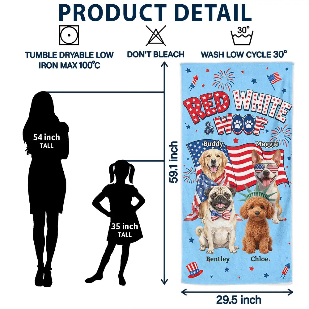 America 250th, Custom Photo, Independence Day, Art Design, Pet Lovers, Playful, Photo - US Theme Accessories 3D Cartoon - Custom Photo 3D Cartoon With US Accessories Red White Woof - Personalized Beach Towel
