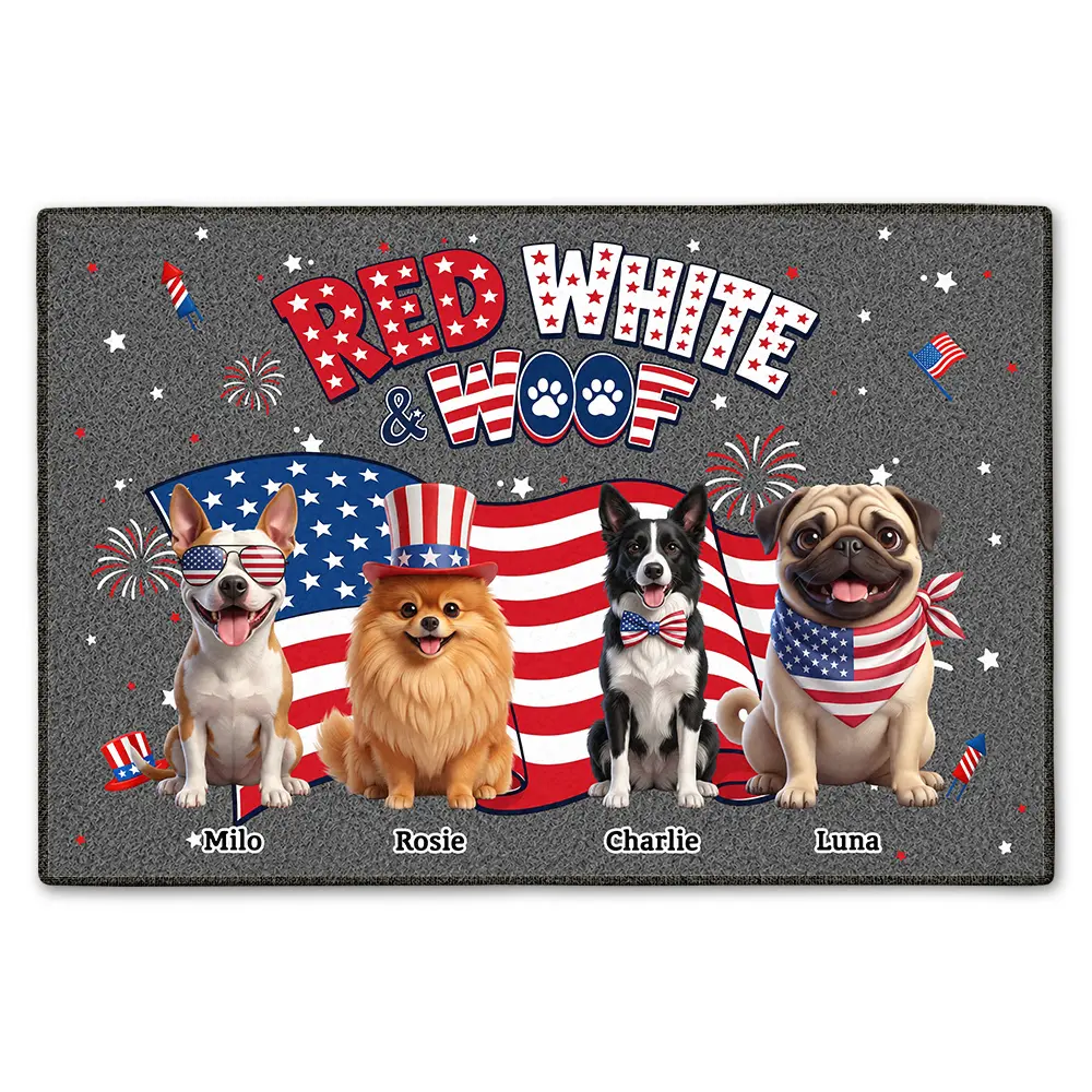 Custom Photo 3D Cartoon With US Accessories Red White Woof - Personalized Doormat