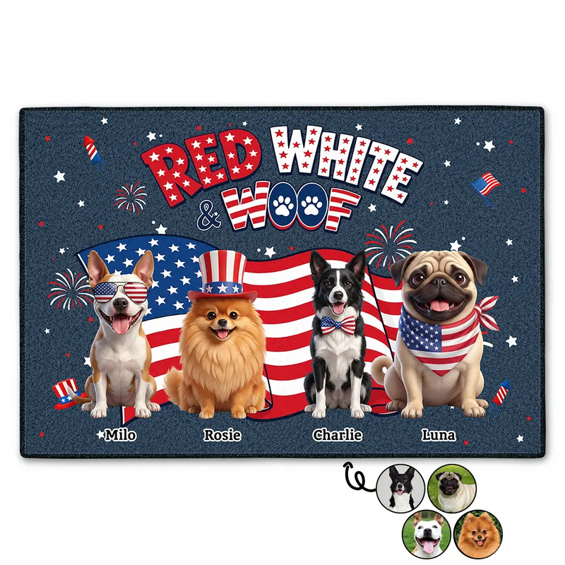 America 250th,Custom Photo,Independence Day,Art Design,Pet Lovers,Playful,Photo - US Theme Accessories 3D Cartoon - Custom Photo 3D Cartoon With US Accessories Red White Woof - Personalized Doormat