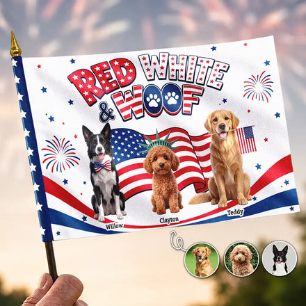 Custom Photo 3D Cartoon With US Accessories Red White Woof - Personalized Handheld Flag