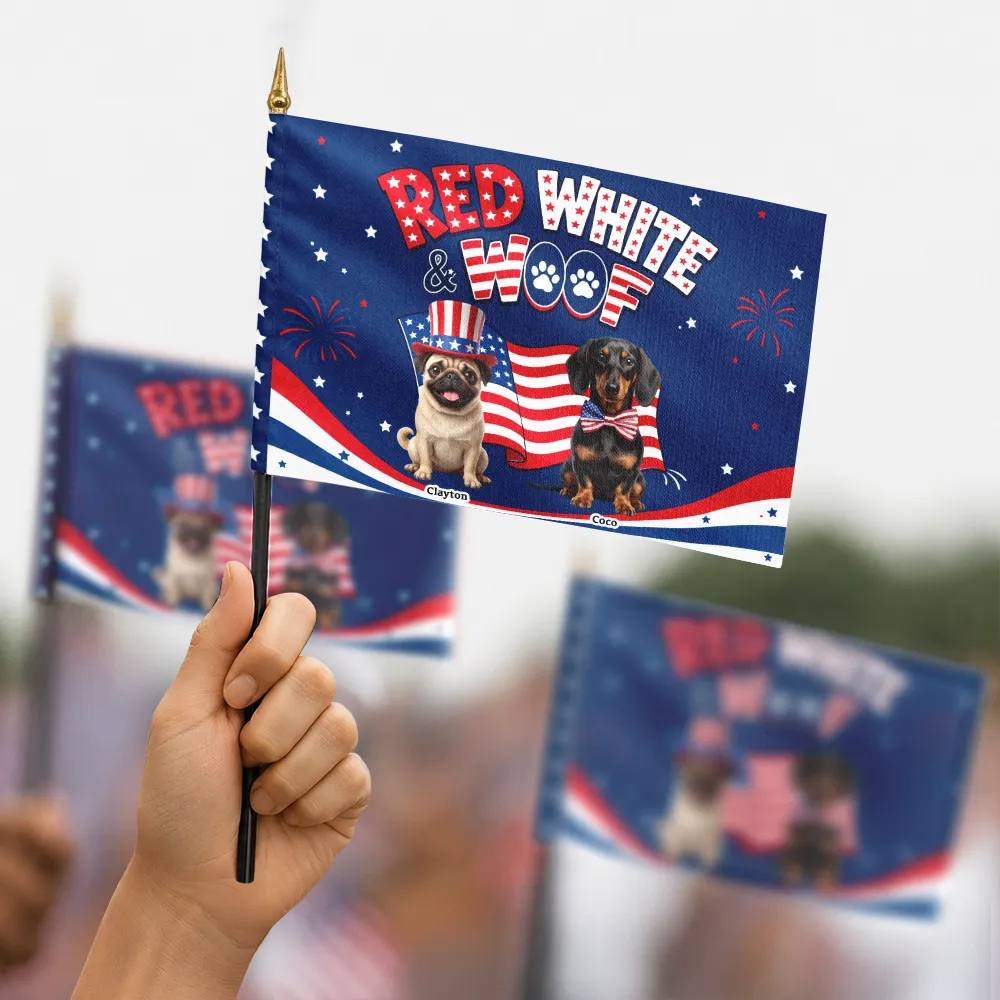 America 250th,Custom Photo,Independence Day,Art Design,Family,Proud,Photo - US Theme Accessories 3D Cartoon - Custom Photo 3D Cartoon With US Accessories Red White Woof - Personalized Handheld Flag