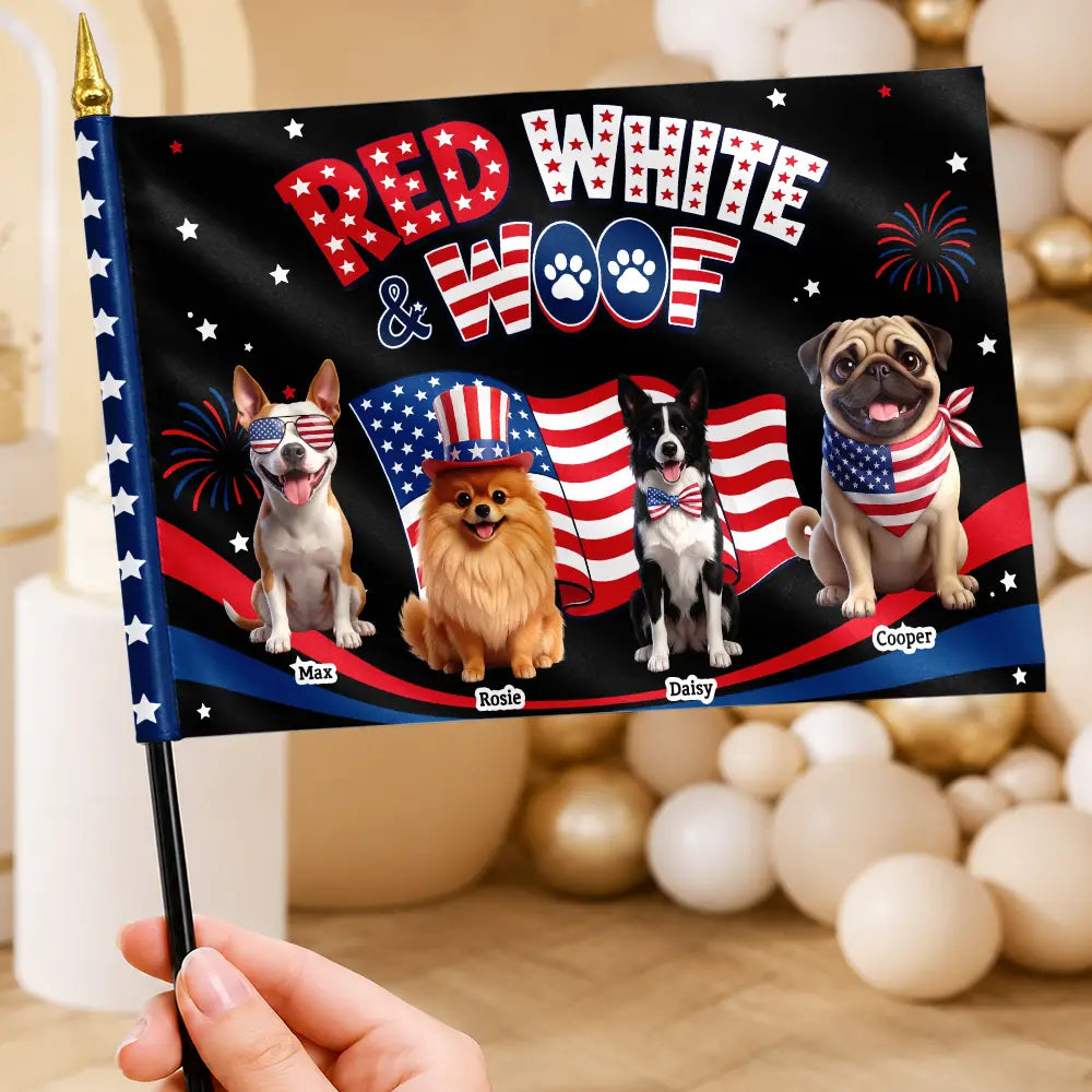 America 250th,Custom Photo,Independence Day,Art Design,Family,Proud,Photo - US Theme Accessories 3D Cartoon - Custom Photo 3D Cartoon With US Accessories Red White Woof - Personalized Handheld Flag