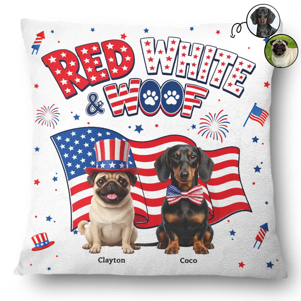 America 250th,Custom Photo,Independence Day,Art Design,Pet Lovers,Playful,Photo - US Theme Accessories 3D Cartoon - Custom Photo 3D Cartoon With US Accessories Red White Woof - Personalized Pillow