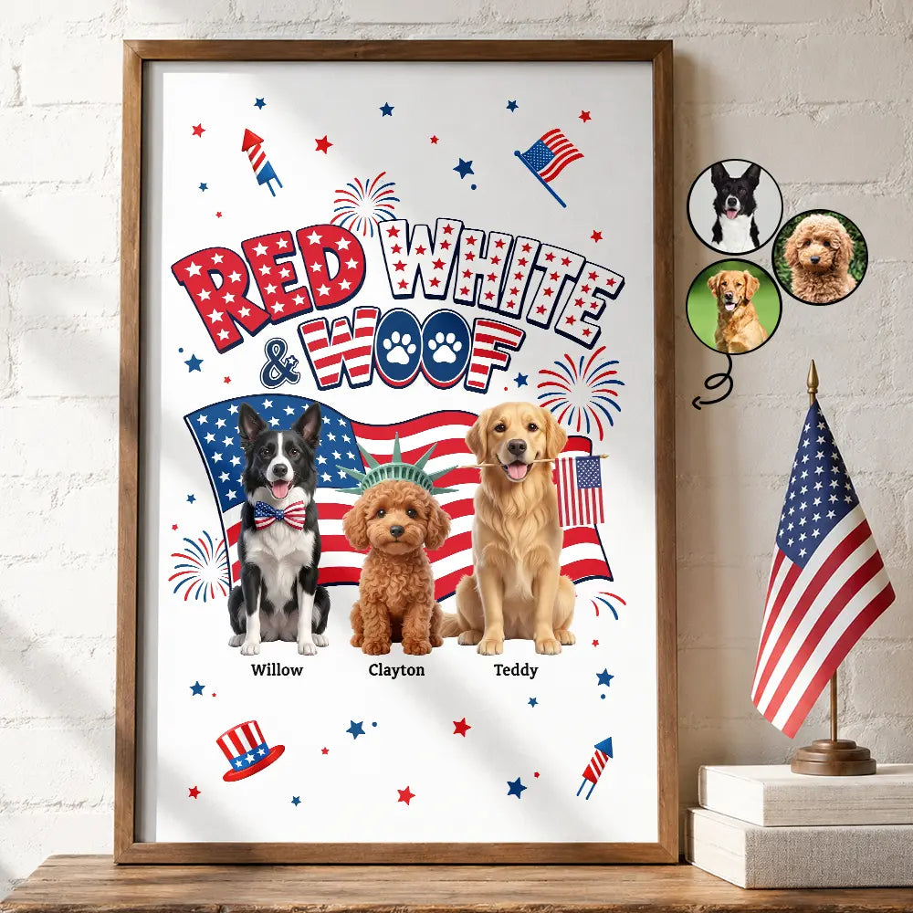 America 250th,Custom Photo,Independence Day,Art Design,Pet Lovers,Playful,Photo - US Theme Accessories 3D Cartoon - Custom Photo 3D Cartoon With US Accessories Red White Woof - Personalized Poster