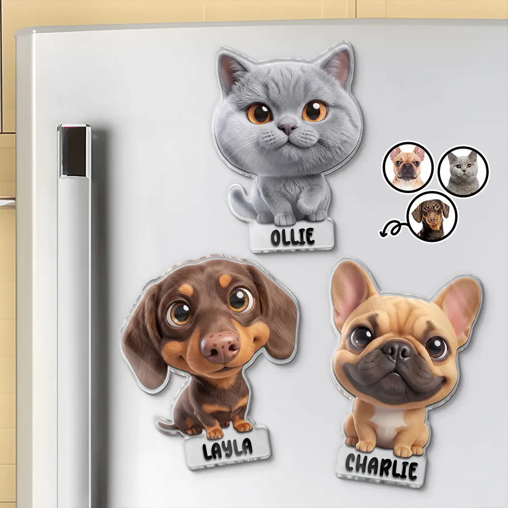 Custom Photo 3D Chibi Pet Dog Cat With Name - Personalized Acrylic Magnet