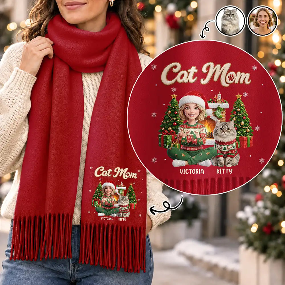 Gifts For Her,Art Design,Dog Mom,Christmas,Gift For Mother,Pet Lovers,Photo - Christmas Accessories 3D Human,Happy - Custom Photo 3D Christmas Concept Pet Mom Christmas Snowflake Pattern - Personalized Tassel Scarf