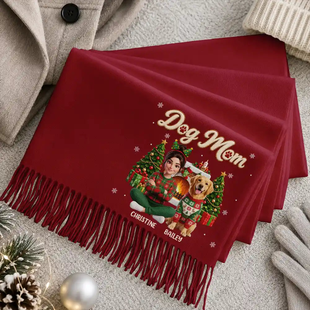 Gifts For Her,Art Design,Dog Mom,Christmas,Gift For Mother,Pet Lovers,Photo - Christmas Accessories 3D Human,Happy - Custom Photo 3D Christmas Concept Pet Mom Christmas Snowflake Pattern - Personalized Tassel Scarf