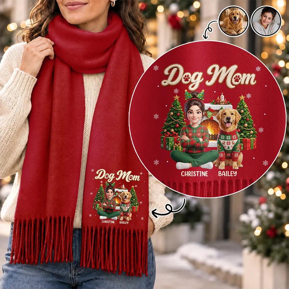 Gifts For Her,Art Design,Dog Mom,Christmas,Gift For Mother,Pet Lovers,Photo - Christmas Accessories 3D Human,Happy - Custom Photo 3D Christmas Concept Pet Mom Christmas Snowflake Pattern - Personalized Tassel Scarf