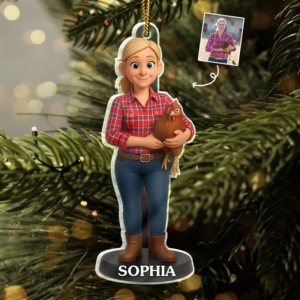 Farm, Gift For Yourself, Gift For Women, Gift For Men, Happy, Christmas - Custom Photo 3D Effect Figure Art Chicken Farmer - Personalized Custom Shaped Acrylic Ornament