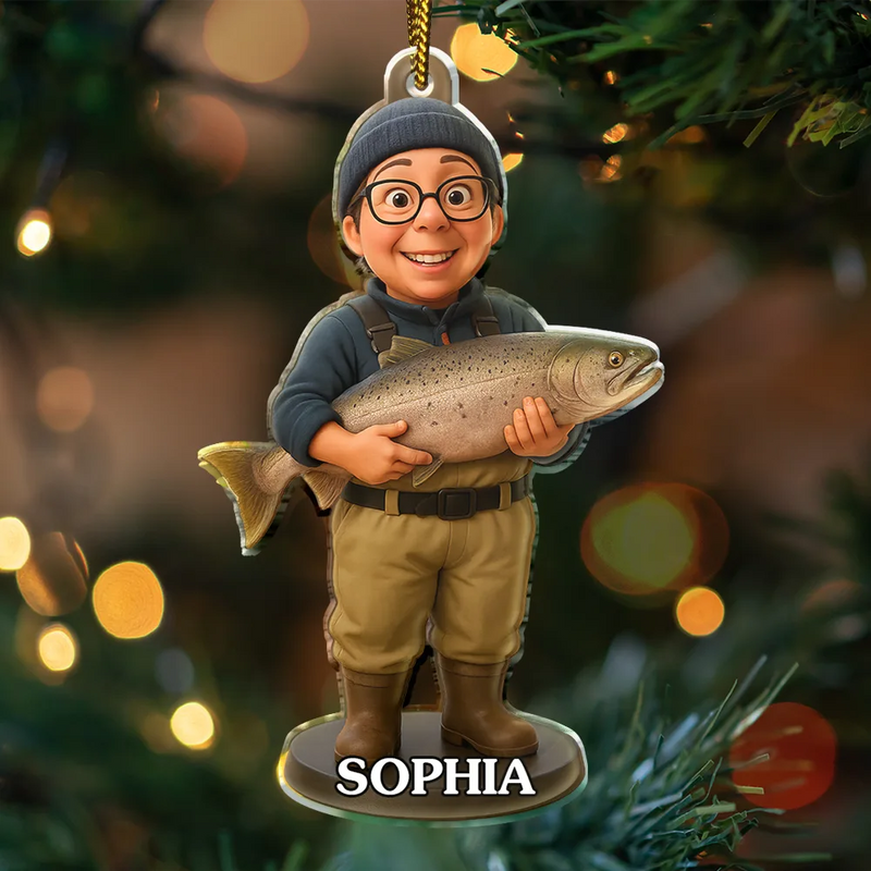 Funny, Christmas, Fishing, Gift For Yourself, Gift For Women, Gift For Men - Custom Photo 3D Effect Figure Art Fishing Fisherman - Personalized Custom Shaped Acrylic Ornament