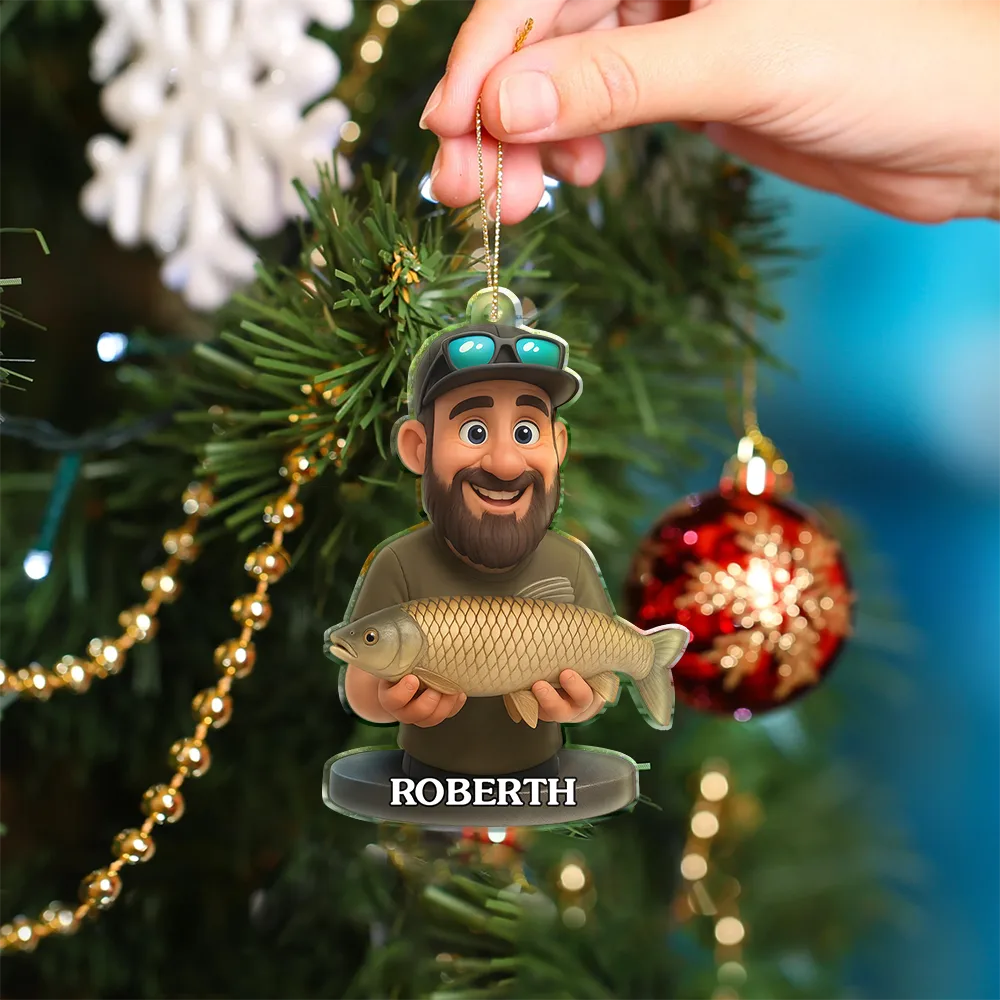Funny, Christmas, Fishing, Gift For Yourself, Gift For Women, Gift For Men - Custom Photo 3D Effect Figure Art Fishing Fisherman - Personalized Custom Shaped Acrylic Ornament