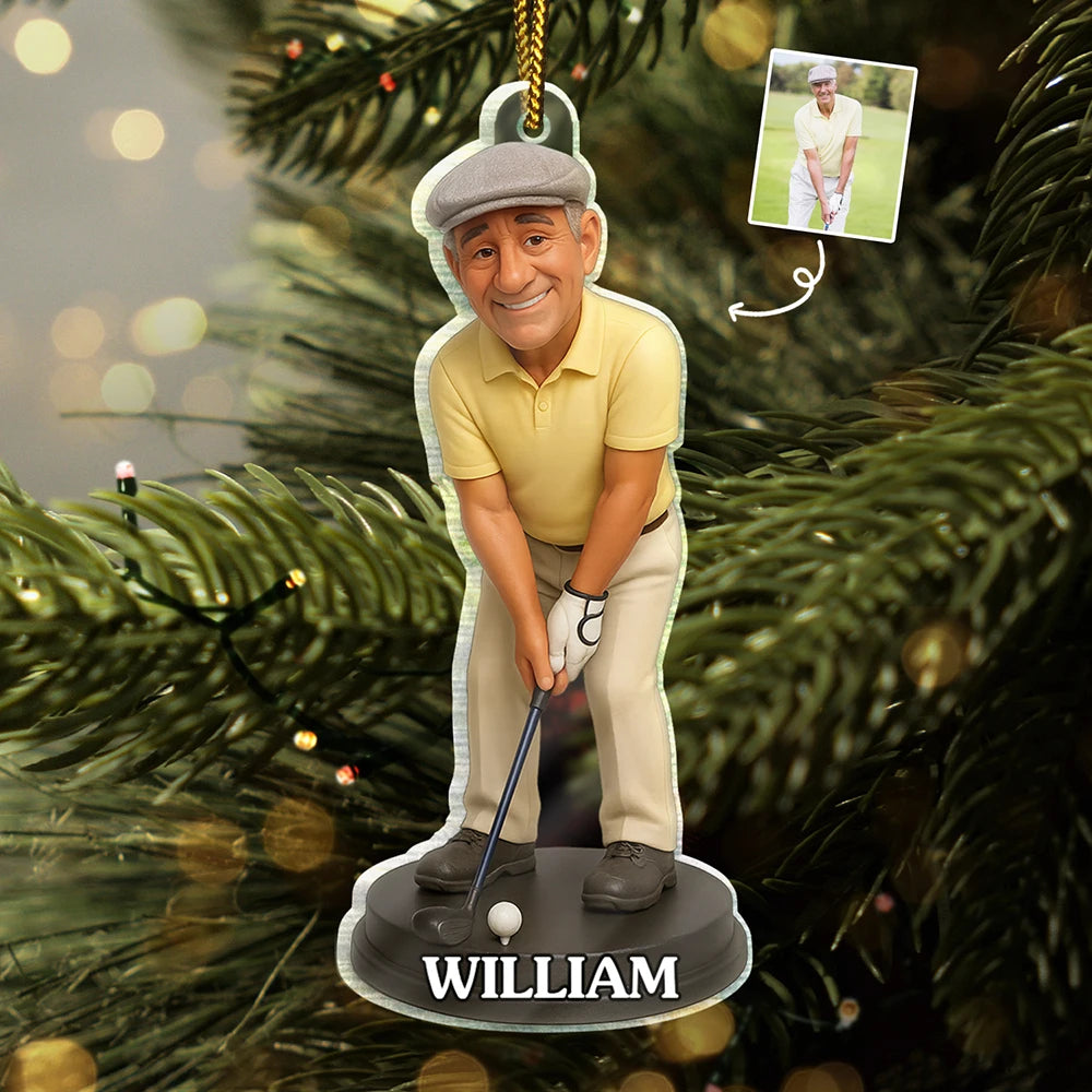 Happy, Christmas, Golf, Sport Dad, Sport Mom, Gift For Husband - Custom Photo 3D Effect Figure Art Golf Lover - Personalized Custom Shaped Acrylic Ornament