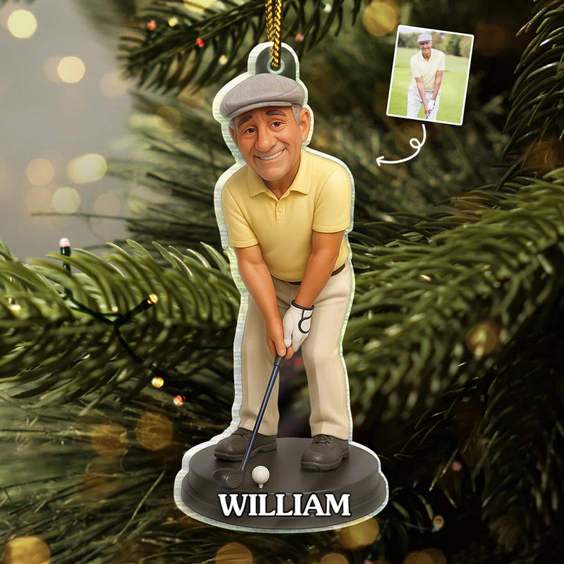 Happy, Christmas, Golf, Sport Dad, Sport Mom, Gift For Husband - Custom Photo 3D Effect Figure Art Golf Lover - Personalized Custom Shaped Acrylic Ornament