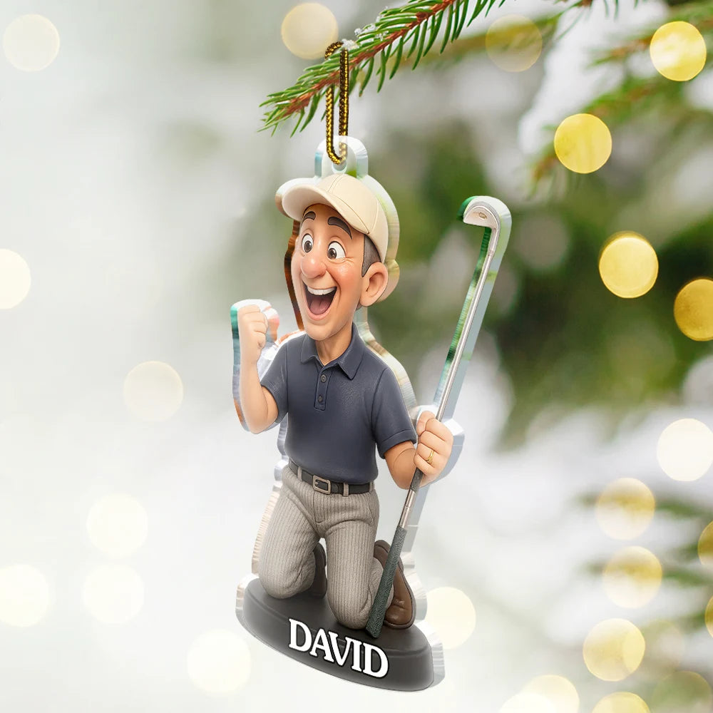 Happy, Christmas, Golf, Sport Dad, Sport Mom, Gift For Husband - Custom Photo 3D Effect Figure Art Golf Lover - Personalized Custom Shaped Acrylic Ornament