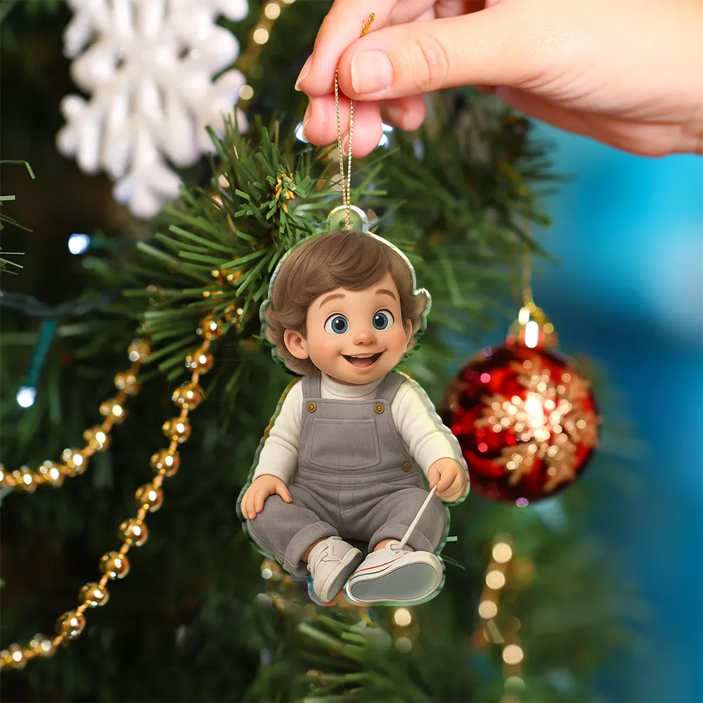 Happy,Christmas,Family,Gift For Kids,Gift For Grandkids,Gift For Grandparents,Parents - Custom Photo 3D Effect Figure Art Kid - Personalized Custom Shaped Acrylic Ornament
