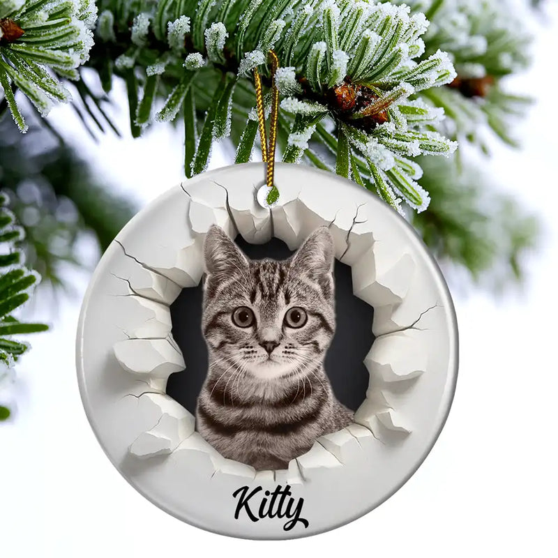 Christmas, Happy, Pet Lovers, Dog Lovers, Cat Lovers - Custom Photo 3D Effect Snow Funny Dog Cat Pet - Personalized Circle Ceramic Ornament