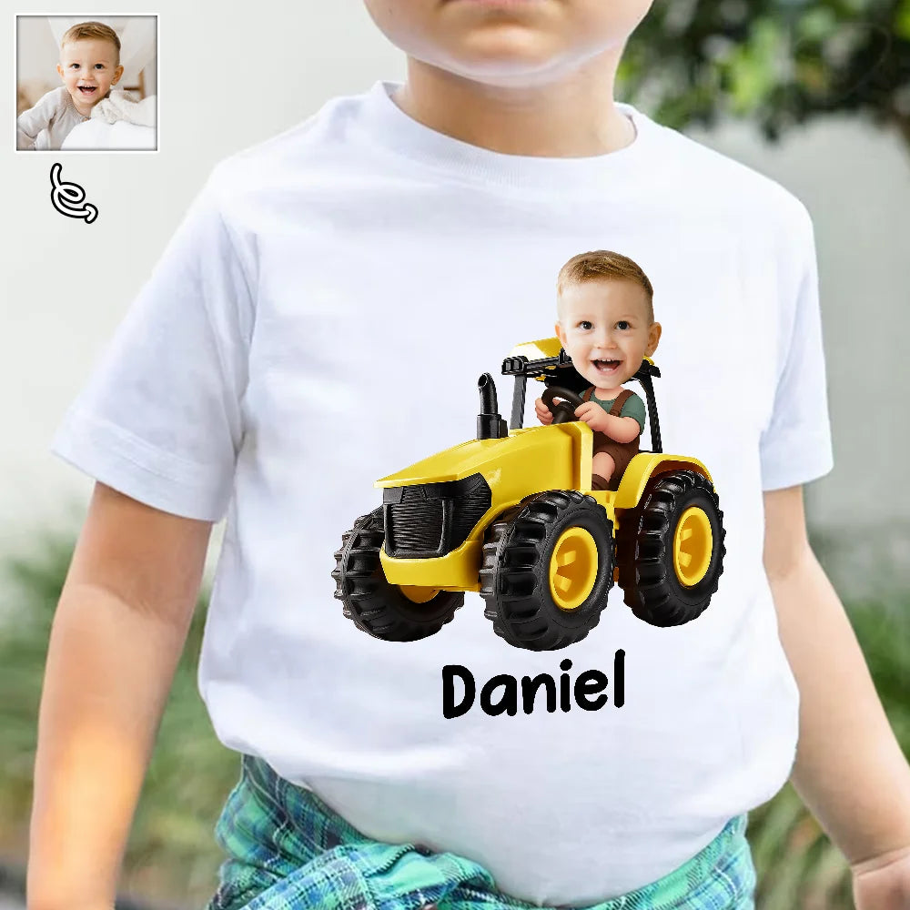 Farm,Gift For Kids,Custom Photo,Happy - Custom Photo 3D Effect Tractor Farmer - Personalized Baby Onesie