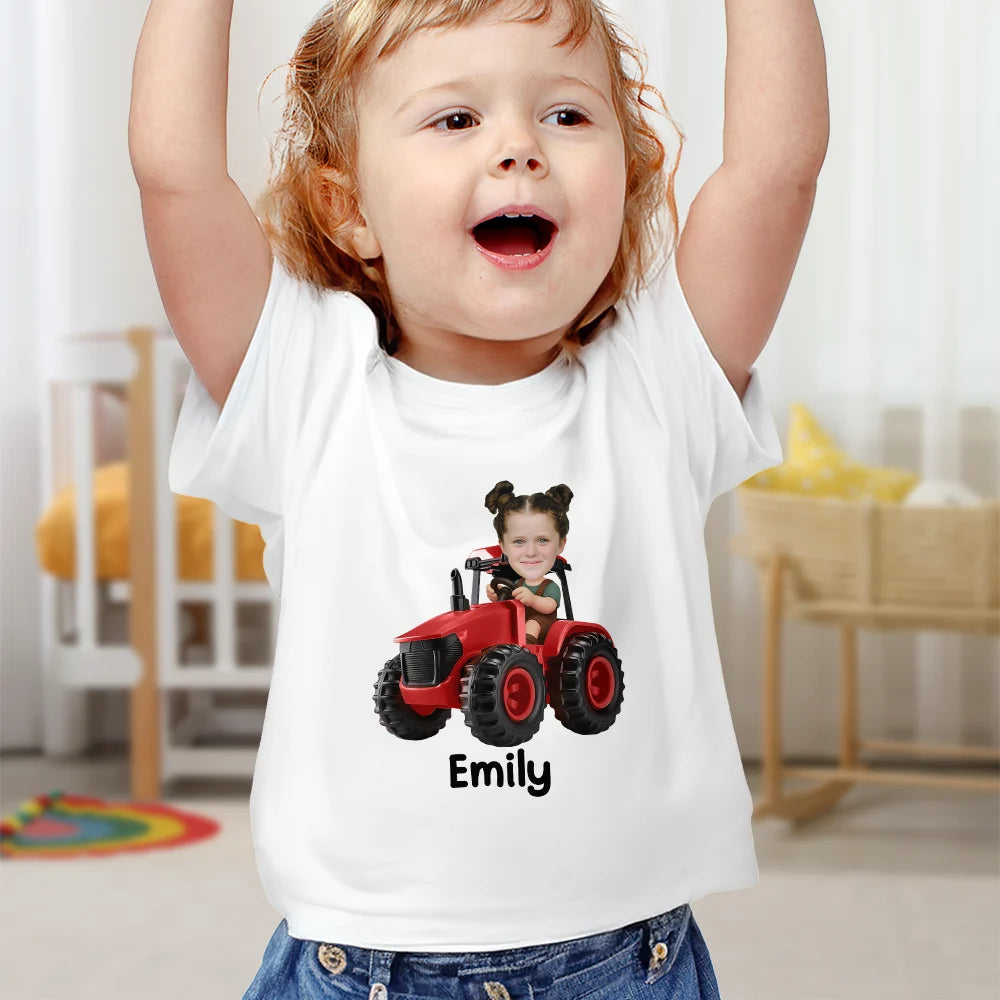 Farm,Gift For Kids,Custom Photo,Happy - Custom Photo 3D Effect Tractor Farmer - Personalized Baby Onesie