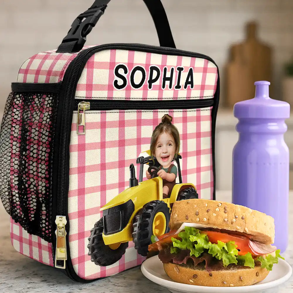 Farm,Gift For Kids,Custom Photo,Happy - Custom Photo 3D Effect Tractor Farmer - Personalized Kids Lunch Bag