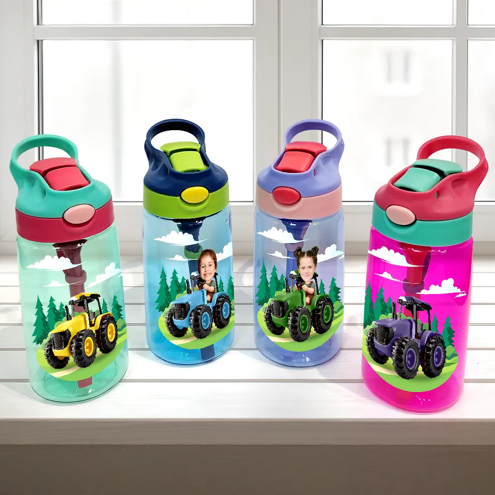 Farm,Gift For Kids,Custom Photo,Happy - Custom Photo 3D Effect Tractor Farmer - Personalized Kids Water Bottle With Straw