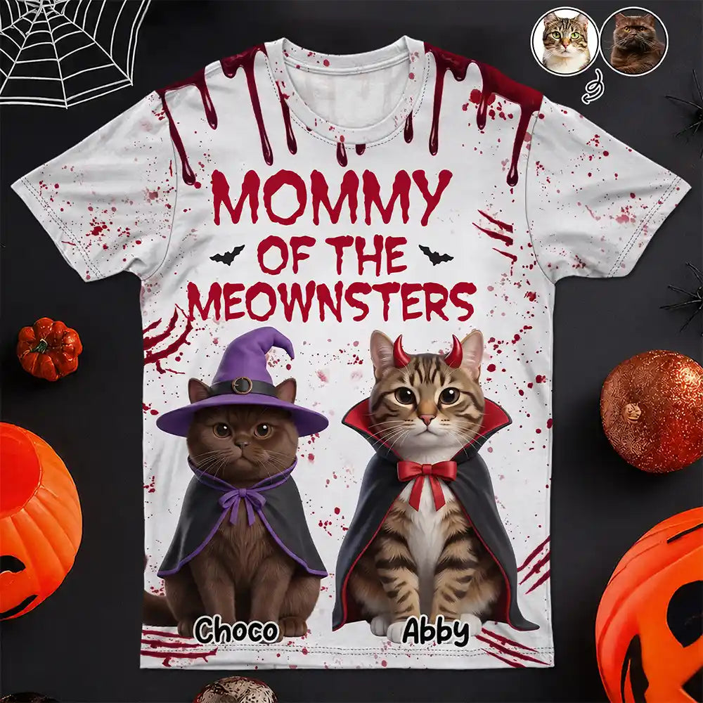 Custom Photo 3D Halloween Themed Pet Mommy Of The Meownsters - Personalized Full Print T Shirt