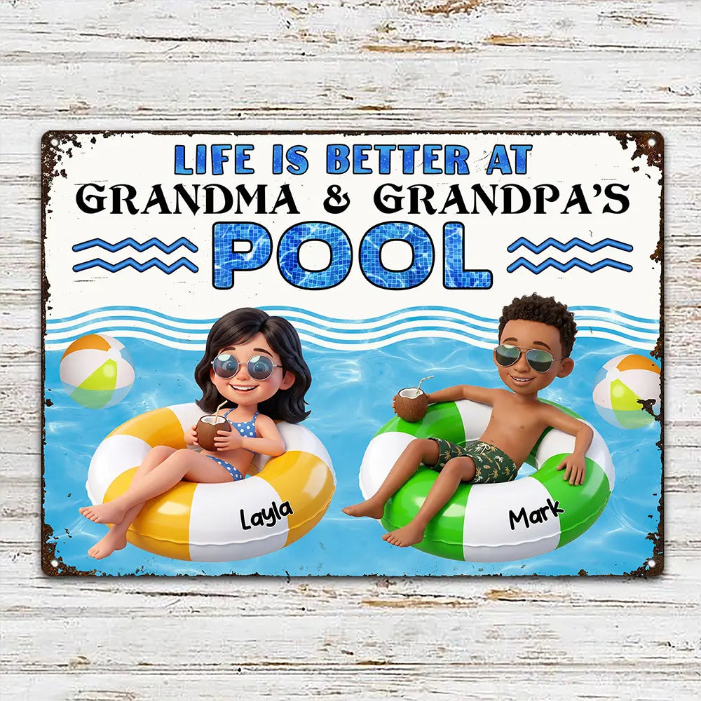 Adorable, Art Design, Gift For Grandchildren, Gift For Grandkids, Gift For Grandma, Custom Photo, Grandma - Grandkids, Summer, Photo - Swimming Float 3D Effect - Custom Photo 3D Summer Concept Life Is Better At Grandma & Grandpa Pool - Personalized Classic Metal Signs