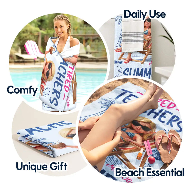 Custom Photo, Beach, Art Design, Summer, Teacher, Humorous, Photo - Beach Chair 3D Effect - Custom Photo 3D Summer Concept Tired Teacher Summer Club - Personalized Beach Towel