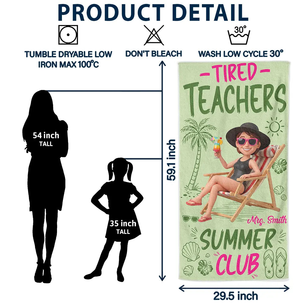 Custom Photo, Beach, Art Design, Summer, Teacher, Humorous, Photo - Beach Chair 3D Effect - Custom Photo 3D Summer Concept Tired Teacher Summer Club - Personalized Beach Towel