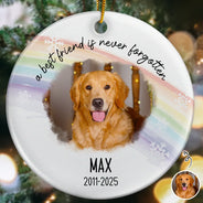 Pet Lovers,Pet Mom,Pet Dad,Pet Couple,Dog Lovers,Dog Mom,Dog Dad,Dog Couple,Cat Lovers,Cat Mom,Cat Dad,Cat Couple,Memorial,Sad,Christmas - Custom Photo A Best Friend Is Never Forgotten - Personalized Circle Ceramic Ornament