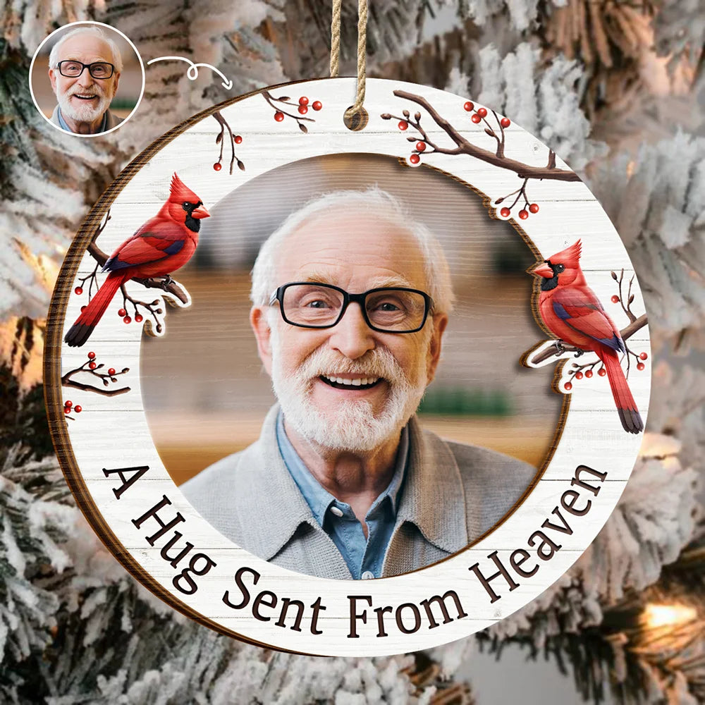 Custom Photo A Hug Sent From Heaven Memorial - Personalized 2-Layered Wooden Ornament