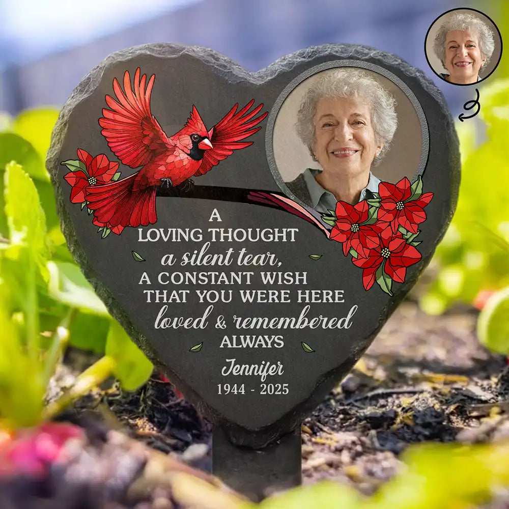 Custom Photo A Loving Thought A Silent Tear Memorial - Personalized Heart Slate Garden Stake