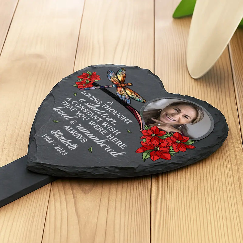 Memorial,Custom Photo,Family,Parents,Gift For Grandparents,Sad - Custom Photo A Loving Thought A Silent Tear Memorial - Personalized Heart Slate Garden Stake