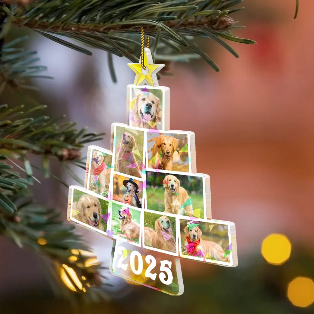 Pet Lovers, Family, Custom Photo, Happy - Custom Photo Album Style Christmas Tree - Personalized Holographic Acrylic Ornament