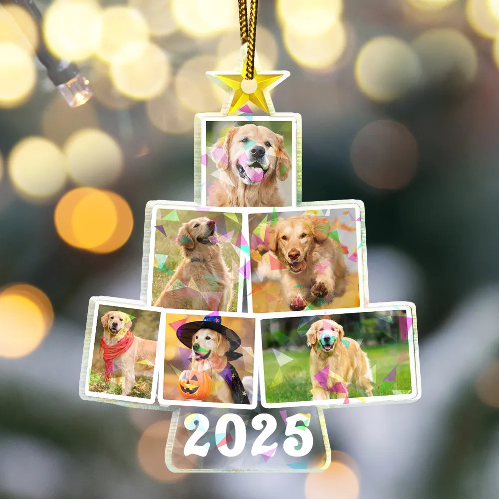 Pet Lovers, Family, Custom Photo, Happy - Custom Photo Album Style Christmas Tree - Personalized Holographic Acrylic Ornament
