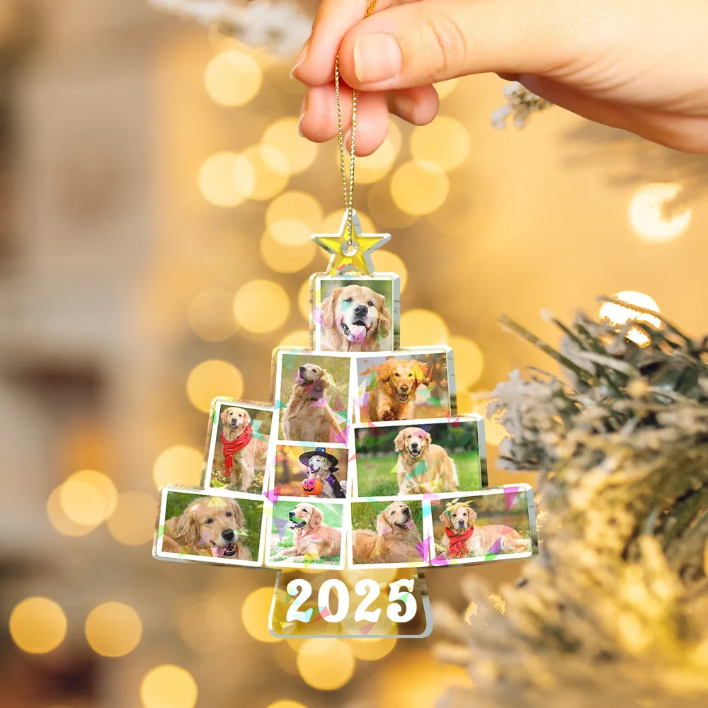 Pet Lovers, Family, Custom Photo, Happy - Custom Photo Album Style Christmas Tree - Personalized Holographic Acrylic Ornament