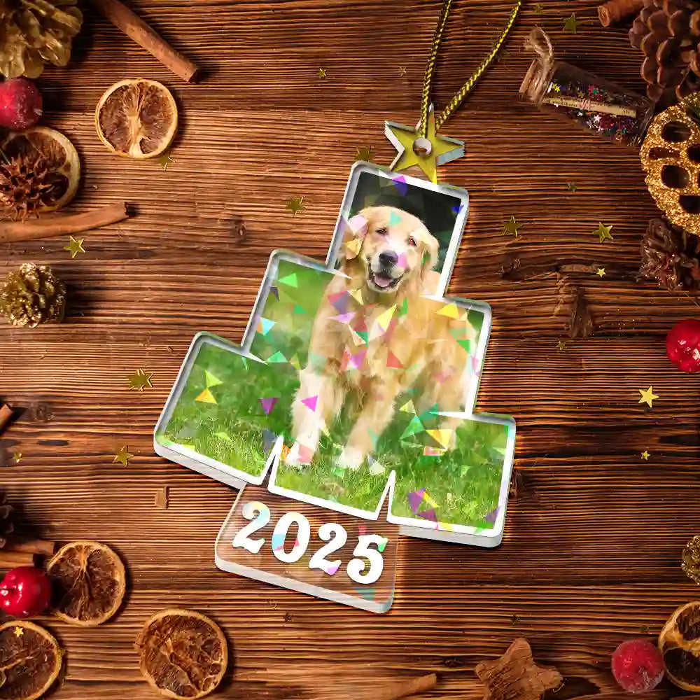 Pet Lovers, Family, Custom Photo, Happy - Custom Photo Album Style Christmas Tree - Personalized Holographic Acrylic Ornament