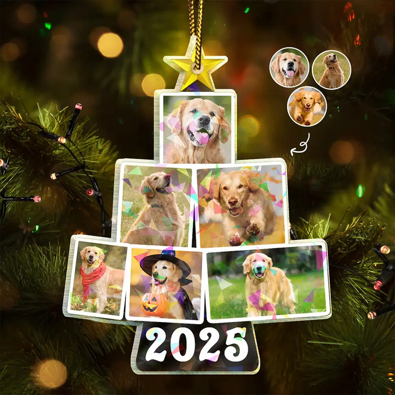 Pet Lovers, Family, Custom Photo, Happy - Custom Photo Album Style Christmas Tree - Personalized Holographic Acrylic Ornament