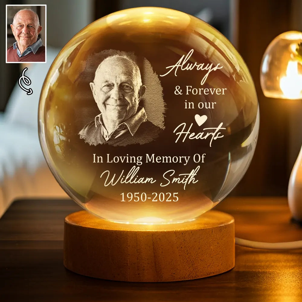 Custom Photo Always And Forever In Our Hearts - Personalized Crystal Globe Lamp