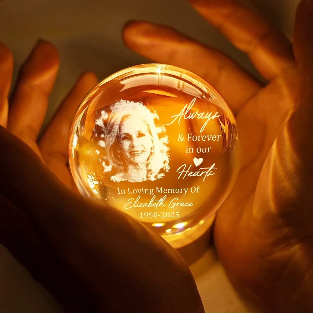 Memorial,Family,Parents,Gift For Grandparents,Sad - Custom Photo Always And Forever In Our Hearts - Personalized Crystal Globe Lamp