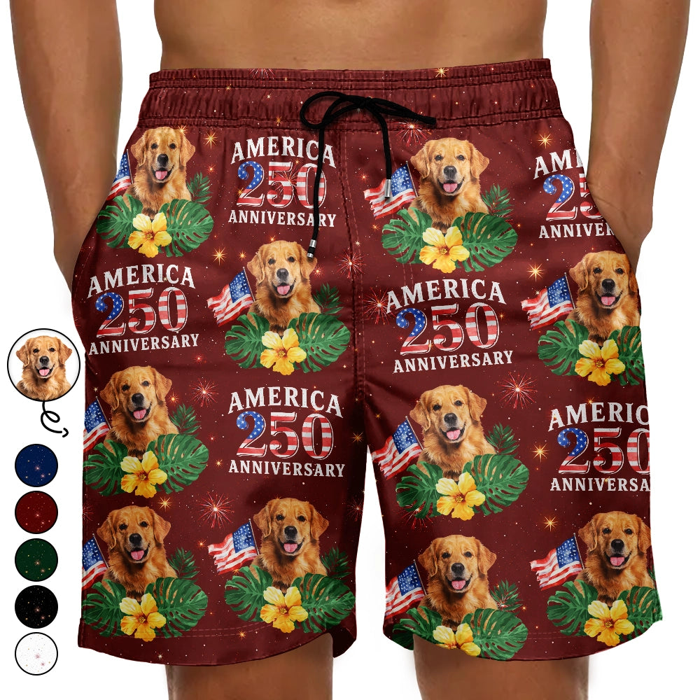 America 250th, Custom Photo, Independence Day, Summer, Pet Lovers, Playful, Remove BG Photo - Custom Photo America 250 Anniversary Dog Cat Pet - Personalized Unisex Beach Shorts