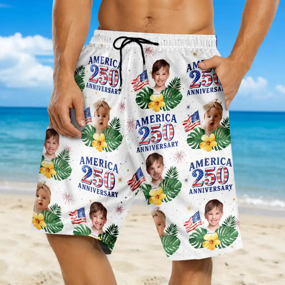 America 250th, Custom Photo, Independence Day, Summer, Pet Lovers, Playful, Remove BG Photo - Custom Photo America 250 Anniversary Dog Cat Pet - Personalized Unisex Beach Shorts