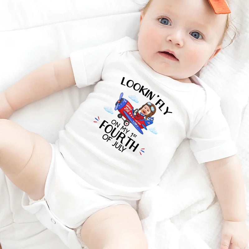 Gift For Kids,Gift For Grandkids,New baby,America 250th,Photo,Playful - Custom Photo America 250 Lookin' Fly Baby - Personalized Baby Onesie