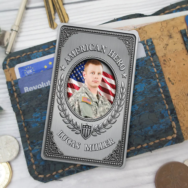 America 250th, Custom Photo, Independence Day, Family, Proud, Remove BG Photo - Custom Photo American Hero 250 Years Of Freedom - Personalized Aluminum Wallet Card