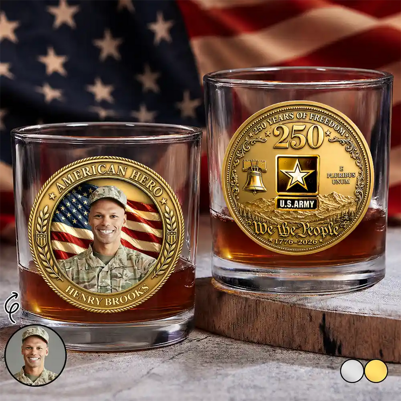 America 250th,Custom Photo,Independence Day,Family,Proud,Remove BG Photo - Custom Photo American Hero 250 Years Of Freedom - Personalized Whiskey Glass