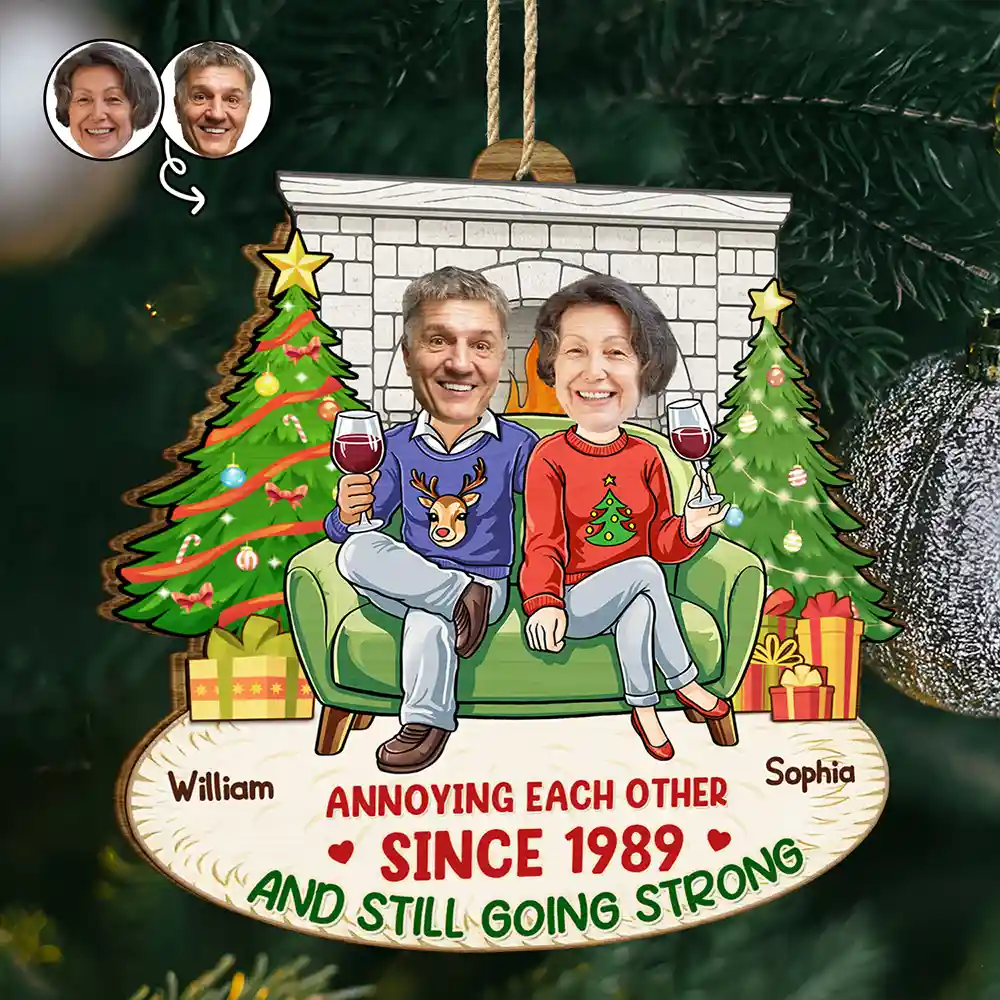Custom Photo Annoying Each Other Christmas Couple - Personalized Custom Shaped Wooden Ornament